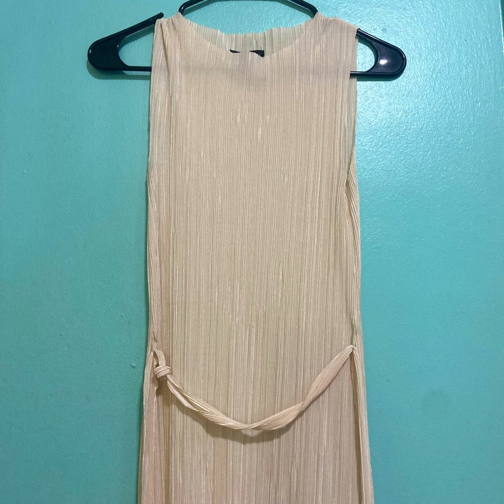 Topshop Cream Champagne Tie Belt Waist Pleated Midi Dress